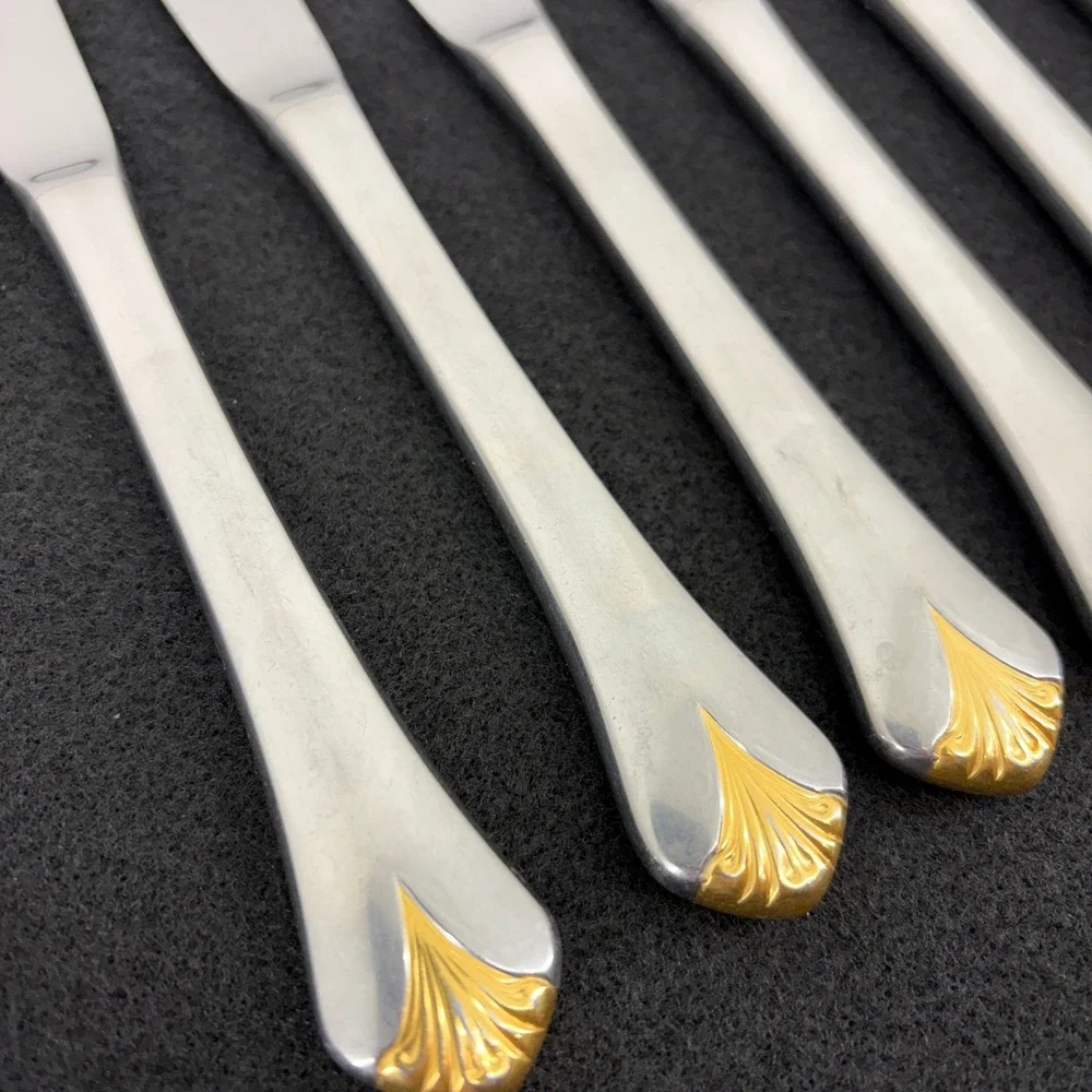 Set of 7 Yamazaki Cara‎ Gold Accent Stainless Table Knives Dining Flatware Japan